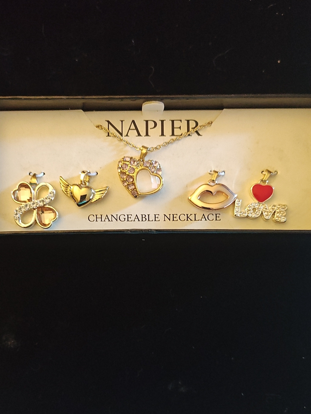 Napier Gold Tone Changeable Necklace Set with Pink Heart and Red Accent Charms